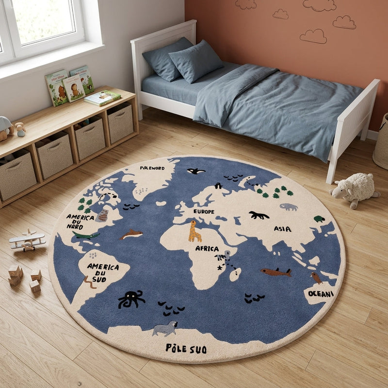 World Map Kids Rug Round
